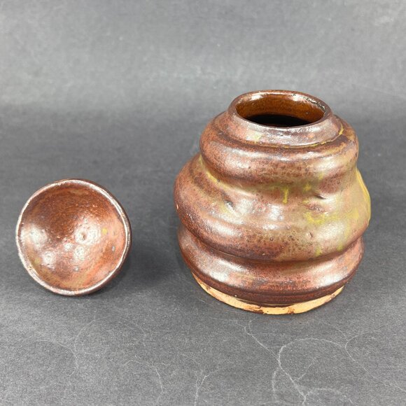 Bee Hive Handcrafted Stoneware Pottery Brown Glazed Honey Jar Pot Lid Folk Art - Picture 8 of 15
